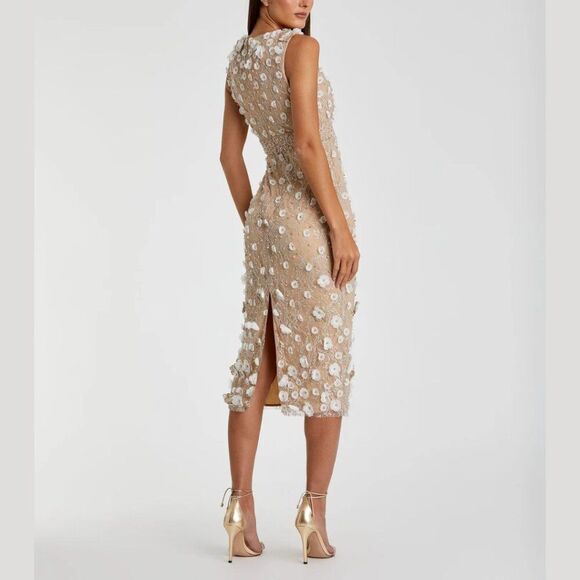 Mac Duggal 67853 Size 14 White Beige Nude 3D Floral Sleeveless Midi Sheath Dress - Picture 4 of 4